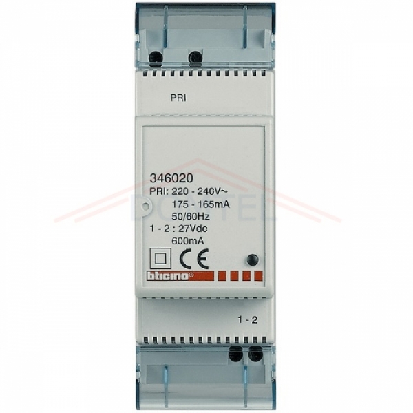 Síťový napaječ 2-BUS Bticino přídavný DC 18V/600 mA, 2 DIN, lokální napájení videotelefon, vstupní panel
